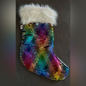 Justice Stocking Flip sequins rainbow silver faux fur trim
